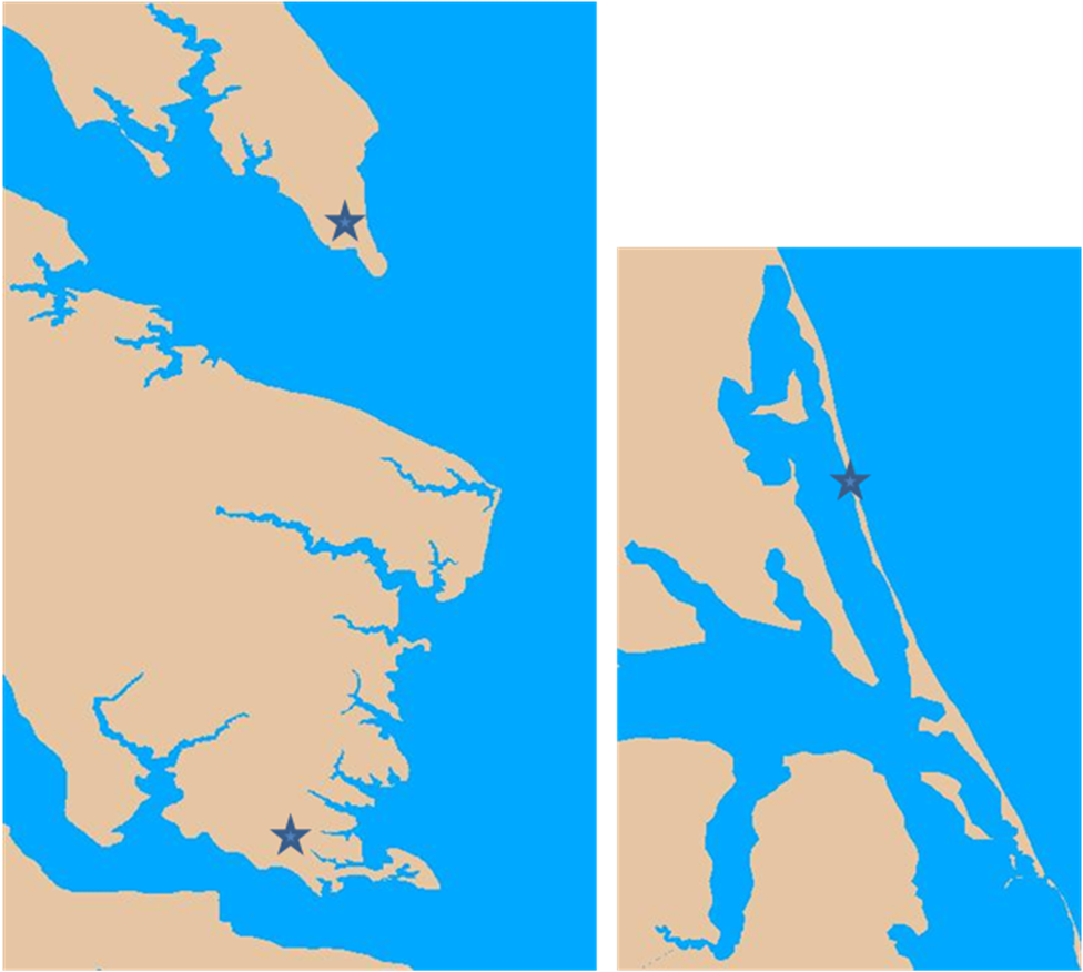 An example of inland locations (masked with a star) that are close to two different water bodies and will likely to have different tidal datums